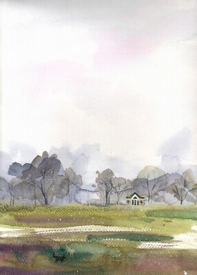 Original Watercolor Painting Cloudy Landscape  Stormy Weather Painting