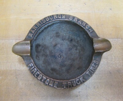 FIRESTONE TRUCK TIRES HARRISBURG BRANCH Old Bronze Advertising Ashtray Sign Tray