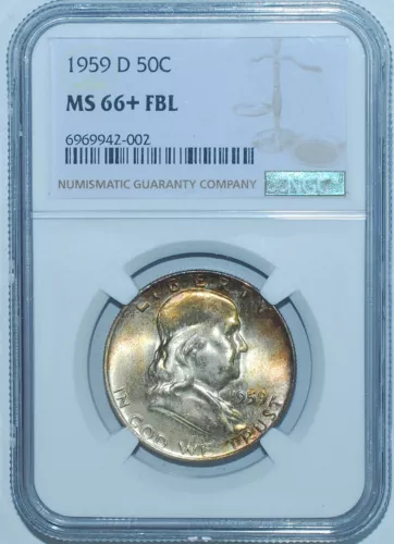 1959 D NGC MS66+FBL Full Bell Lines Franklin Half Dollar