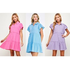 SALE - Women's Button Down Tiered Raw Edge Detail Dress With Flutter Sleeves