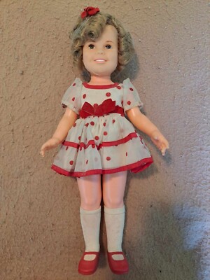 Vintage Shirley Temple Doll, 1972, Red Polka Dotted Dress, Hair Net, and Bow