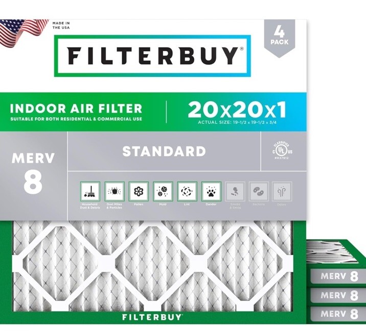 Filterbuy 20x20x1 MERV 8 HVAC Furnace AC Replacement Pleated Air Filters  