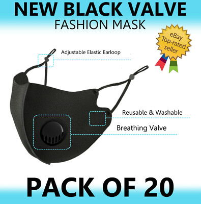 5/10/20 3D Fashion Black Face Mask Washable and Reusable with Valve Choose Yours