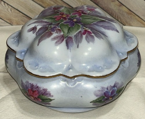Vintage Hand Painted Pink & Purple Floral Trinket Dish With Lid 3” T By 5.5” W - Picture 3 of 24