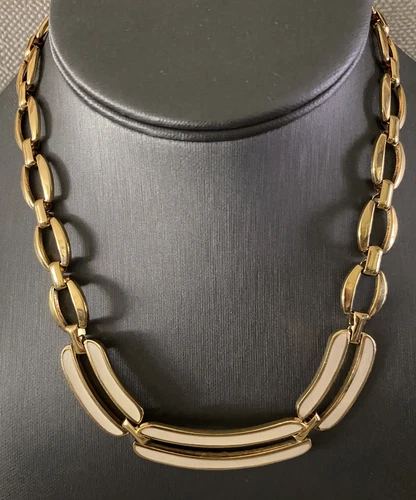 OFF WHITE Collana catena girocollo Napier smalto bianco sporco tono oro modernista anni 80 vintage