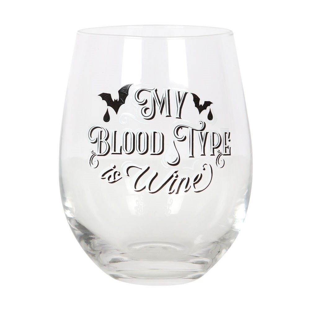My Blood Type Is Wine Stemless Drinking Glass Vampire Bat Dracula Gothic Humour