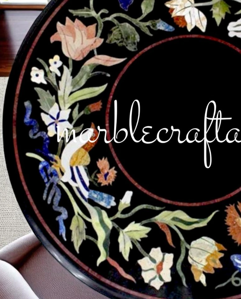 Black Marble Inlay Coffee Tabletop Marquetry Art Luxury Console Furniture Decor - Image 3 of 4