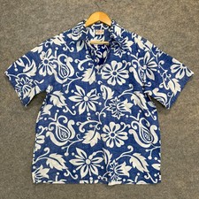VTG Go Barefoot Papeete Hawaiian Aloha Reverse Shirt Men Large Floral Royal USA