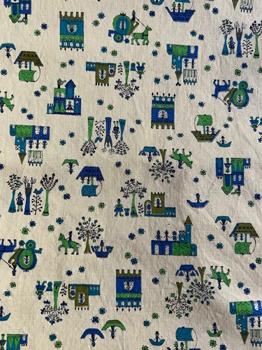 Vintage Tan Blue Green Villages Fairytale Cotton Print Fabric 2 yards + 24” x 42 - product listing photo