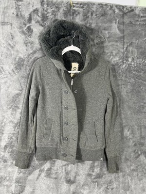 Roxy Women s Zip/Button Gray Quilted Coat/Hoodie Size Medium Dark Wash