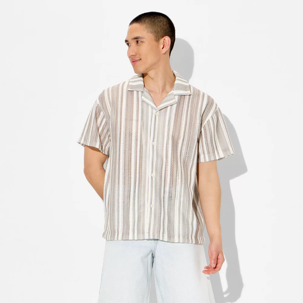 Mens Short Sleeve Camp Collar Button-Down Shirt - Original Use Khaki Striped 2290₽