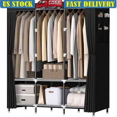Sturdy Portable Wardrobe Closet W/ 3 Hanging Rods 6 Shelves & Side Pockets New