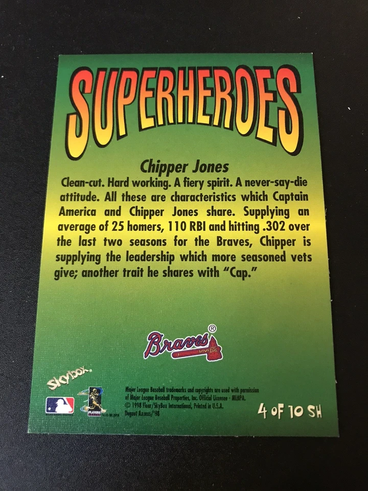 1998 Skybox Dugout Axcess Superheroes Chipper Jones & Captain America #4SH HOF - Image 2 of 2