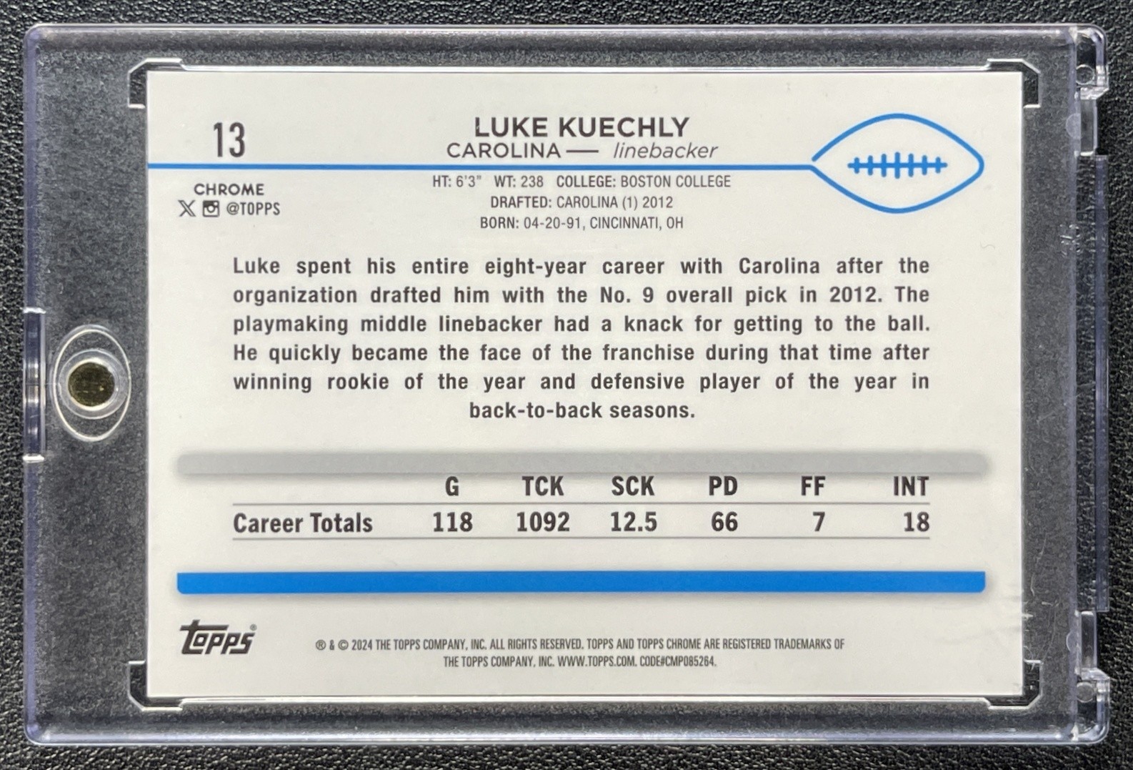 1/1 LUKE KUECHLY 2024 TOPPS CHROME #13 SUPERFRACTOR 1/1 PANTHERS view 2
