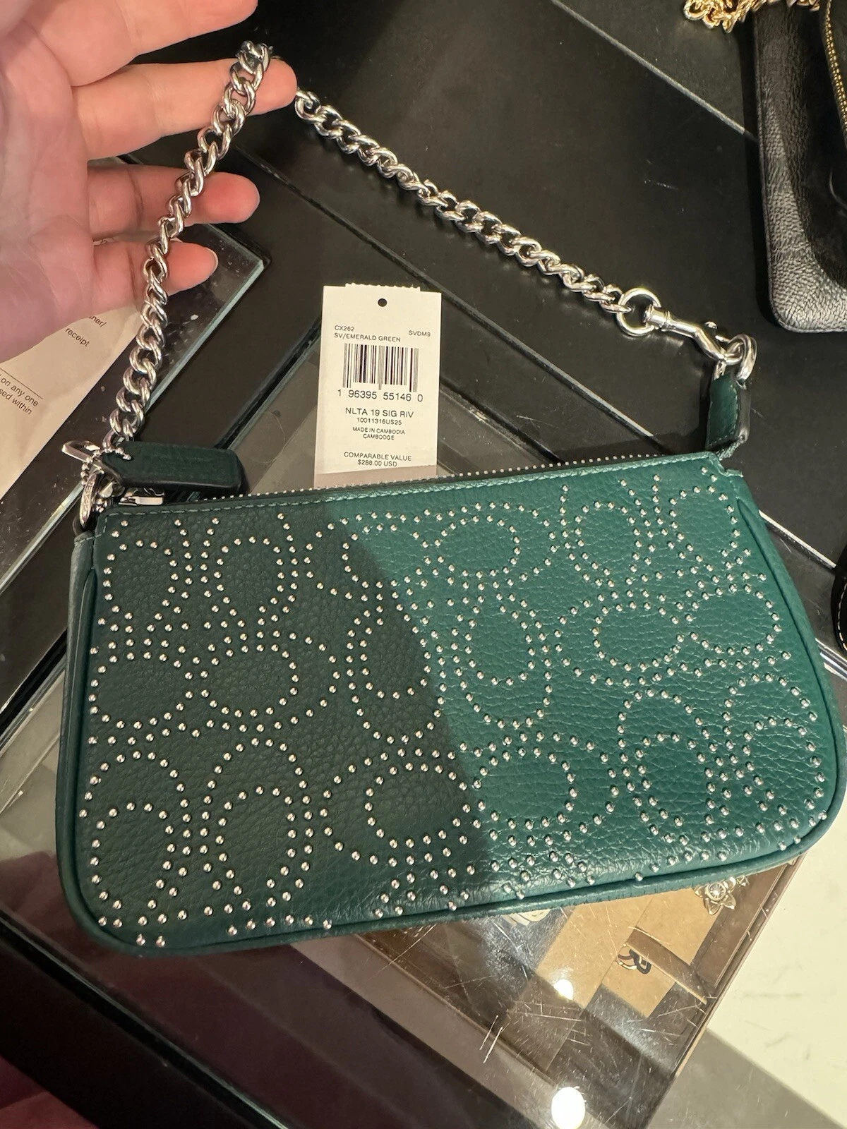 Coach CX262 Nolita 19 con rivetti firmati argento verde smeraldo