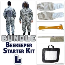 Adult Large Snow Camouflage Bee Keeper Suit Bundle - Gloves, Hive Tool & Brush