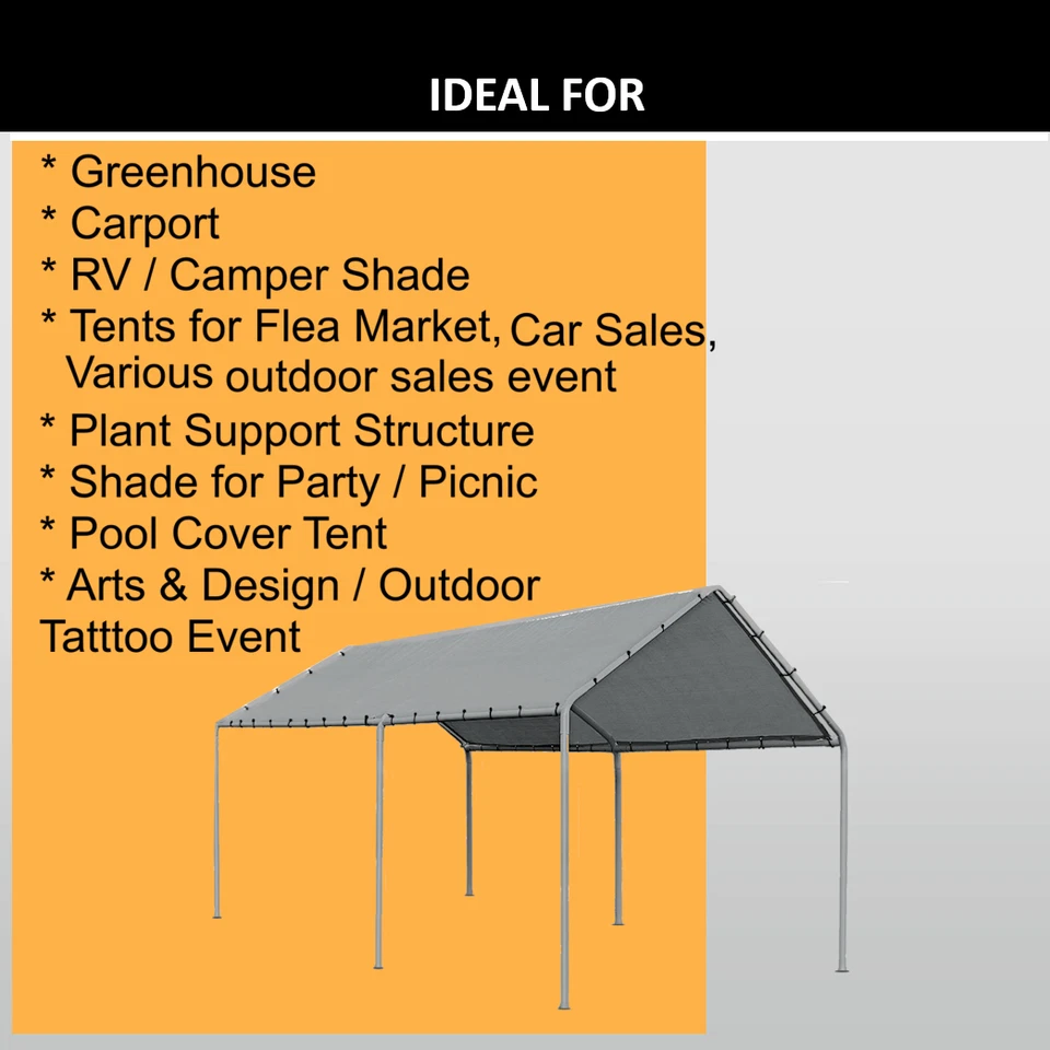 Комплект навесов для автомобиля 10x40 футов |1-3/8 дюйма идентификационные фитинги + брезент + банджи | без опор для крыши / ножек - Изображение 3 из 4