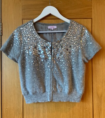 BUTTERFLY/MATTHEW WILLIAMSON grau Wolle & Angora Bolero Cardy UK 14 Pailletten Achselzucken