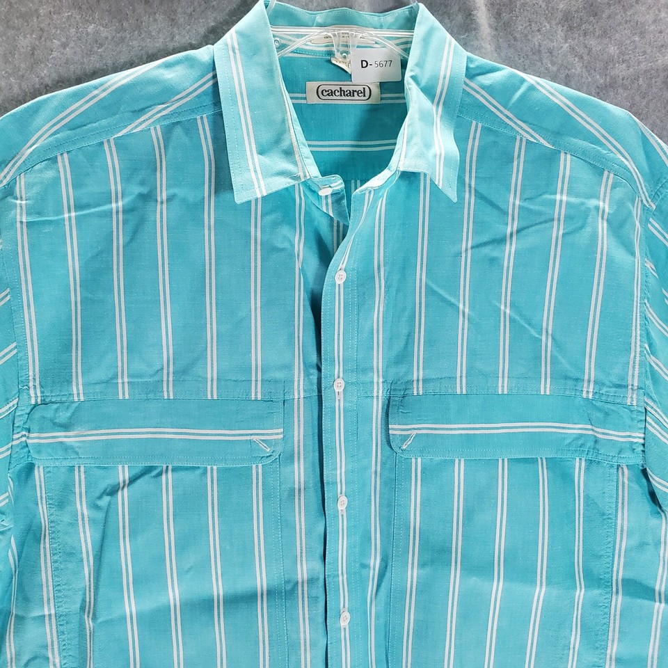 Cacharel Men Button Up Shirt Large Blue Striped Pockets Short Sleeve