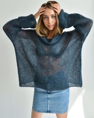 Blue mohair sweater, Turtleneck loose knit sweater, Oversized