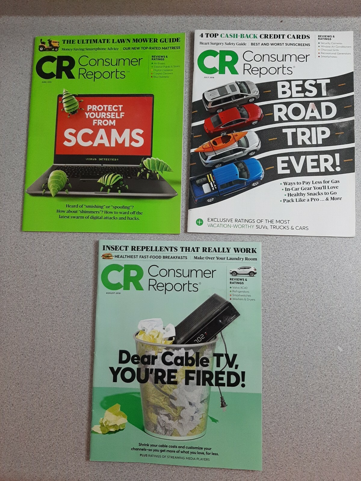 Consumer Reports Magazine 2018 Lot of 3 Jun/Jul/Aug Scams Road Trips Cable TV