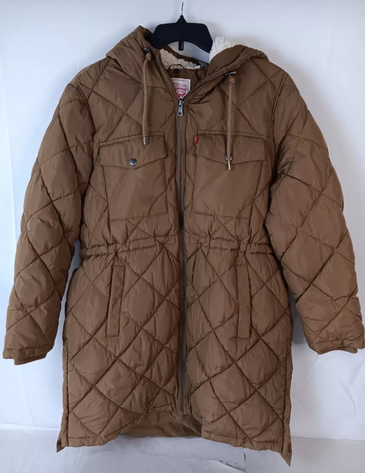 Levi Brown Quilted Puffer Coat W/ Faux Shearling & Drawstring Women’s XXL