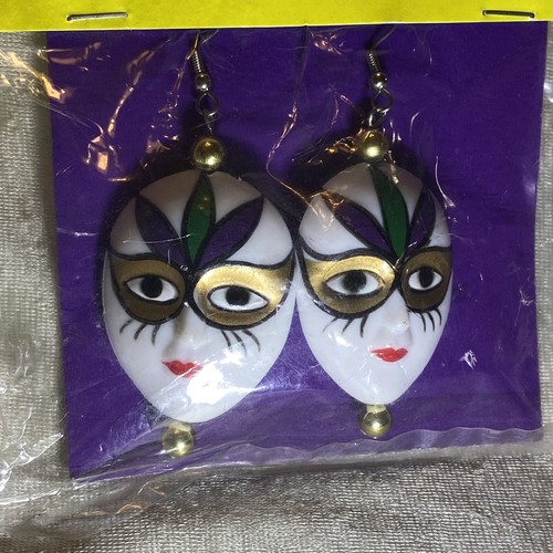 Vintage NEU in Packung Karneval Ohrhänger Karneval Gesichter Masken goldfarben 2" - Bild 1 von 5
