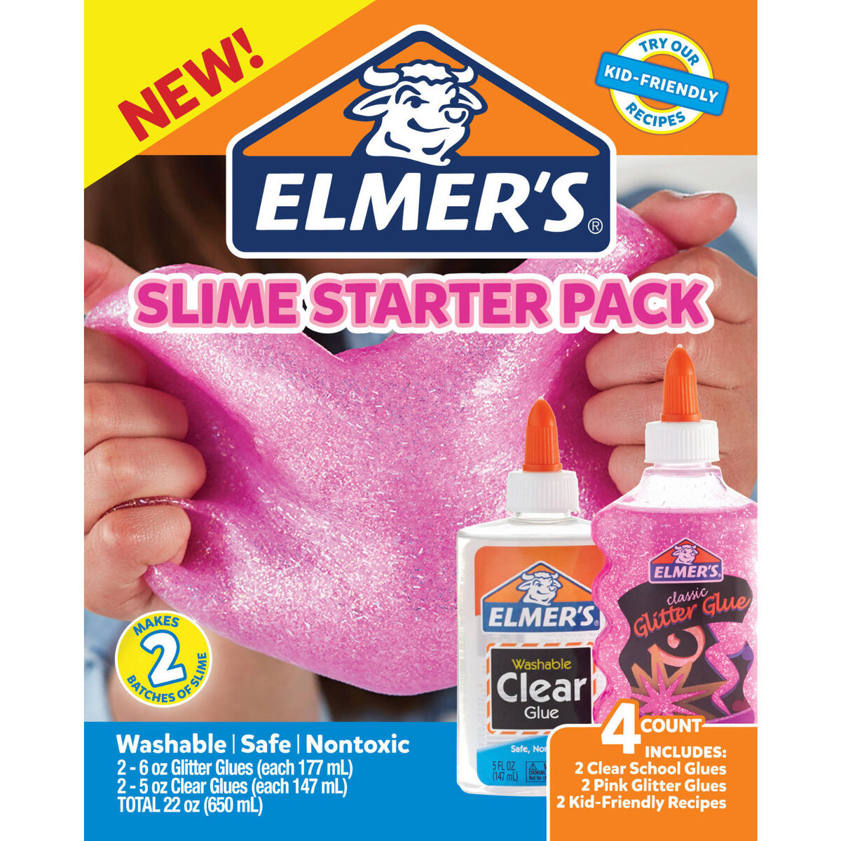 Glue Slime Starter Kit, Clear School Glue & Blue Glitter Glue, 4