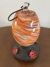 Hummingbird Feeder - Art Glass Hand Orange Multi Colors on Metal Base Easy Fill