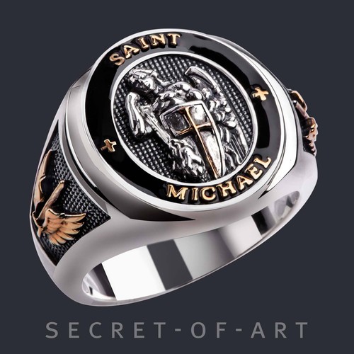 Saint St Michael Ring Archangel Catholic Silver 925 24K-Gold-Plated Religious - Picture 2 of 12