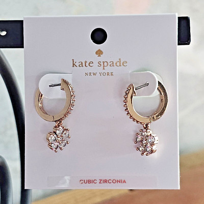kate spade- Flower Drop -Pave Huggie Hoop Earrings- Clear/Rose-gold- NWT- $58