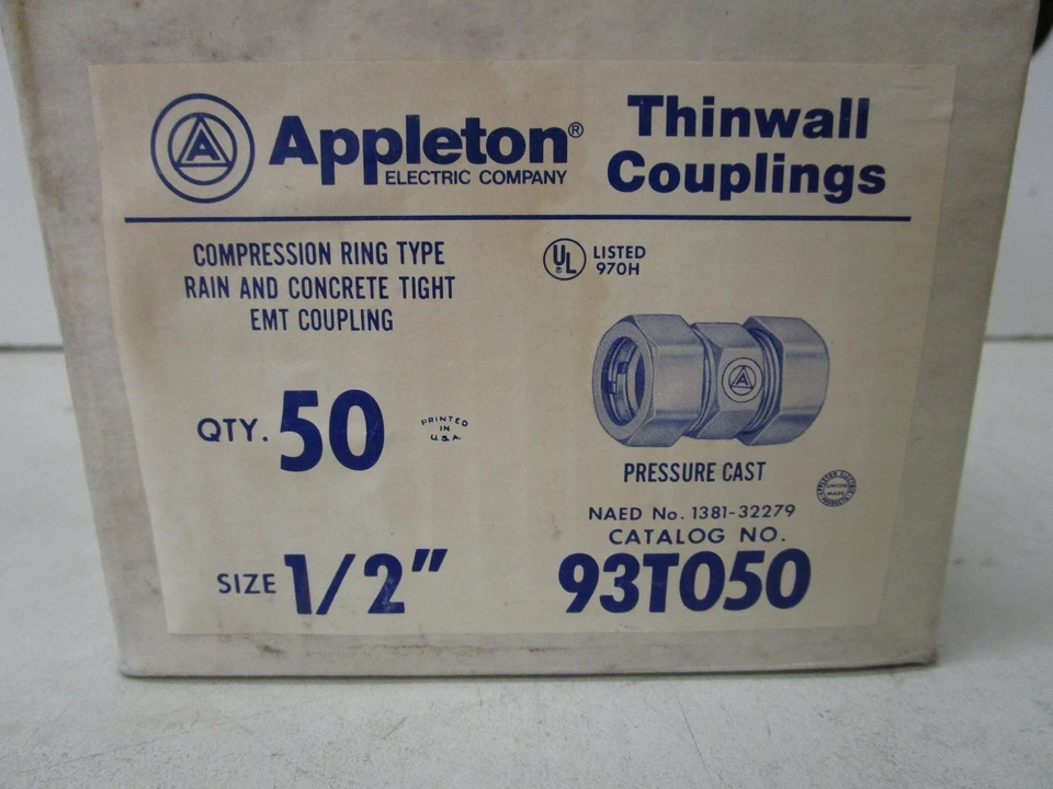 APPLETON 93T050 1/2" COMPRESSION RING TYPE EMT THINWALL COUPLINGS - NOS  - Image 2 of 4