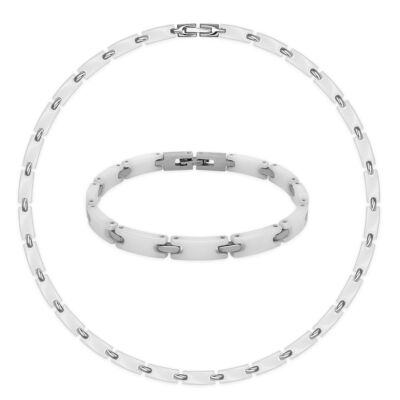 Set Collier und Armband aus Keramik Damen Kette in weiß silber mit  Geschenkbox