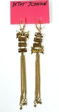 NEW BETSEY JOHNSON GOLD TONE,AMBER COLOR LARGE CRYSTALS,CHAIN TASSEL EARRINGS