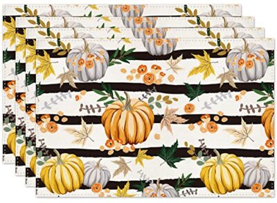 Fall Pumpkin Placemats for Dining Table 12 x 18 Inch Maple Leaves Stripe Autu...