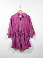 Free People Hampton Mini Dress Size XS Purple Zip Shirt Belted Tiered Boho New