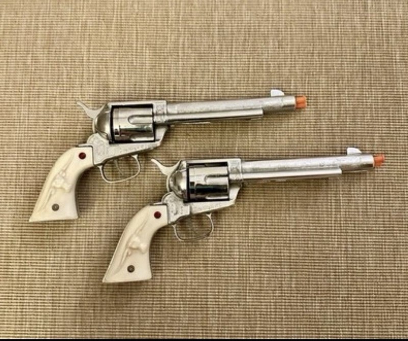Vintage Nichols Stallion .45 Cap Pistol Pair Western Toy Revolvers Die Cast 50s