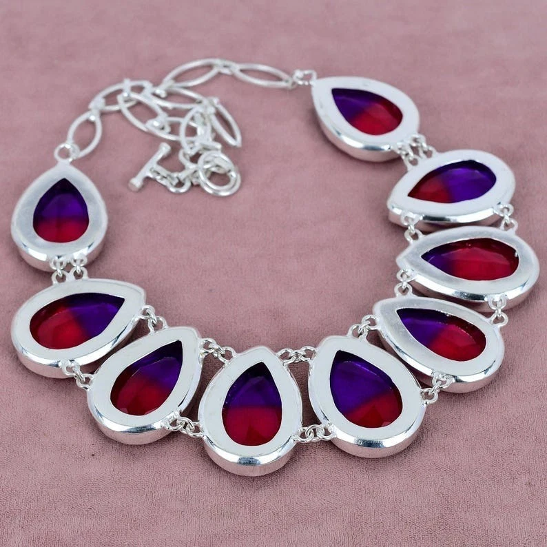 Collar de joyería de plata de ley 925 hecho a mano con piedras preciosas de turmalina bicolor 18" Foto 4 de 4