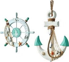 Nautical Wall Decor 2-Pack – 11" Wooden Ship Wheel & 13" Anchor with Rope, Coast
