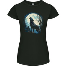 Camiseta Moonlit Howling Wolf Fantasy para mujer corte pequeño
