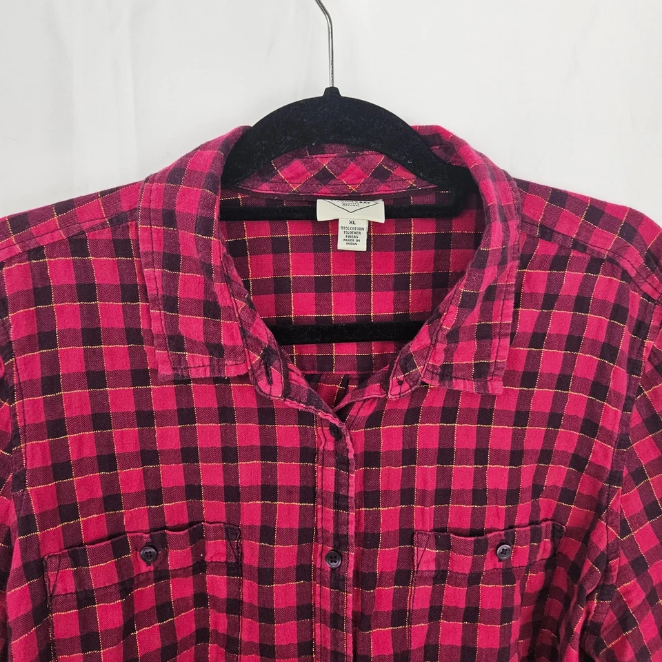 Camisa St John's Bay feminina XL com botões vermelha xadrez rosa manga longa - Imagem 2 de 4