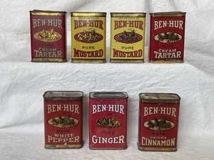 Vintage Lot 7 Ben Hur Spice Kitchen Advertising 2 oz Tins 100% 4 Charity