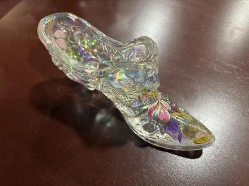 Fenton Slipper Shoe Iridescent Clear Signed Hand Painted VTG