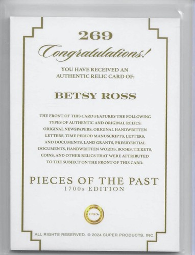 2024 Pieces of The Past 1700's Edition Handwritten Jumbo Relic Betsy Ross #269 - Bild 2 von 2