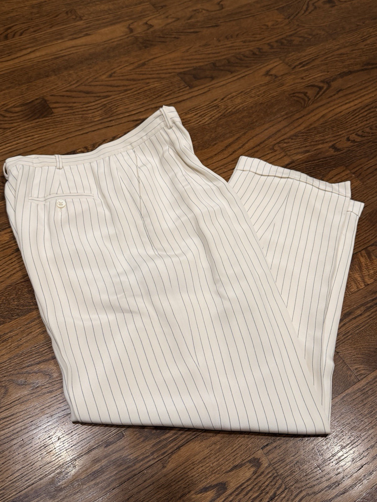 Lauren Ralph Lauren 100% Silk White Blue Pinstripe Dress Pants 14 Cuffed Lined thumbnail 5