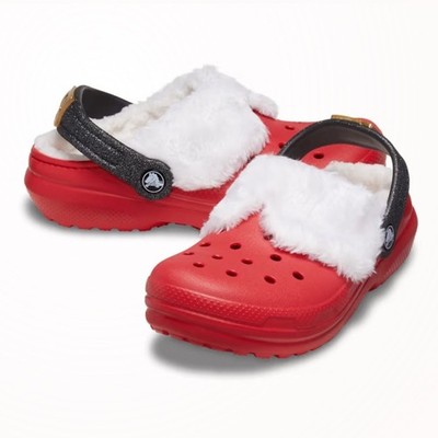 CROCS Classic Lined Santa Christmas Red Clogs White Lining and Black Strap J2
