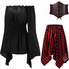 Shihanee Women L Black 3-Piece Pirate Costume Set Renaissance Blouse Top