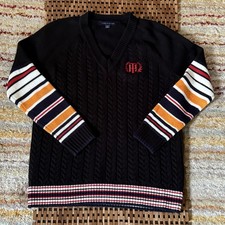 Tommy Hilfiger Embroidered V Neck Striped Chunky Knit Fisherman's Sweater Medium