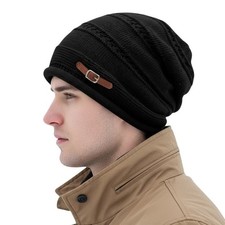 Gorro De Punto Unisex Negra El stico Acogedor Hebilla Forro Suave Para Invierno