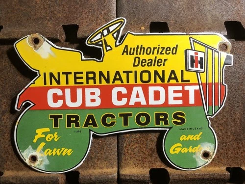 VINTAGE 1965 DATED INTERNATIONAL CUB CADET FARM TRACTORS 10” PORCELAIN SIGN